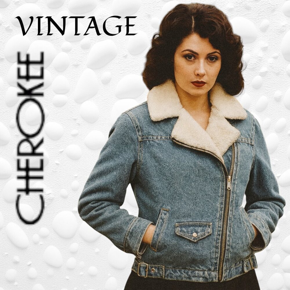 Rare Vintage Cherokee Aviator-Style Denim Sherpa Jacket – Women’s M